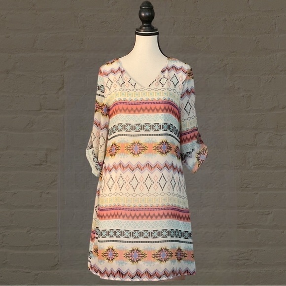 $5$ add on RACHEL KATE/CHICOS sunset colours boho layered chiffon mini dress. - Picture 5 of 11